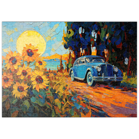 Darstellung des Puzzle Motivs Oldtimer und Sonnenblumenfeld Sonnenuntergang puzzleplate Vintage Car and Sunflower Field Sunset 500 Puzzle