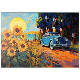 Darstellung des Puzzle Motivs Oldtimer und Sonnenblumenfeld Sonnenuntergang - Puzzleteile: 500
