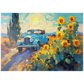 Darstellung des Puzzle Motivs Oldtimer und Sonnenblumen unter strahlender Sonne - Puzzleteile: 1000
