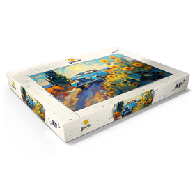 Darstellung des Puzzle Motivs Oldtimer und Sonnenblumen unter strahlender Sonne - Puzzleteile: 100