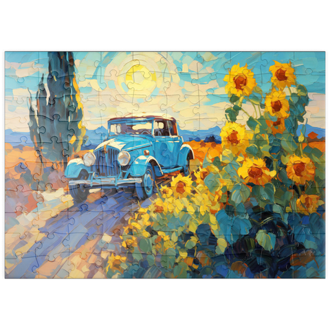 puzzleplate Classic Car and Sunflowers Under Bright Sun 100 Puzzle
