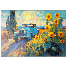 Darstellung des Puzzle Motivs Oldtimer und Sonnenblumen unter strahlender Sonne - Puzzleteile: 100