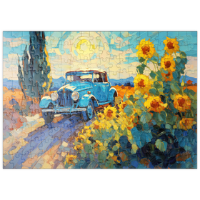 Darstellung des Puzzle Motivs Oldtimer und Sonnenblumen unter strahlender Sonne - Puzzleteile: 200