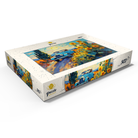 Darstellung des Puzzle Motivs Oldtimer und Sonnenblumen unter strahlender Sonne - Puzzleteile: 500