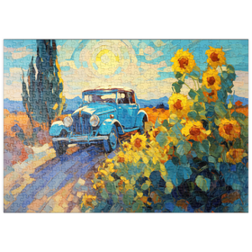 Darstellung des Puzzle Motivs Oldtimer und Sonnenblumen unter strahlender Sonne - Puzzleteile: 500