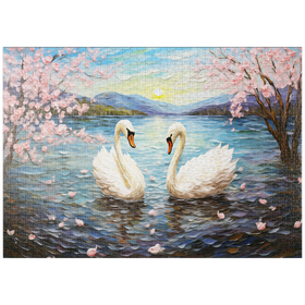 Darstellung des Puzzle Motivs Schwäne und Kirschblüten bei Sonnenaufgang - Puzzleteile: 1000