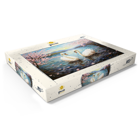 Darstellung des Puzzle Motivs Schwäne und Kirschblüten bei Sonnenaufgang - Puzzleteile: 100