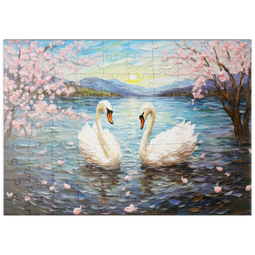 Darstellung des Puzzle Motivs Schwäne und Kirschblüten bei Sonnenaufgang - Puzzleteile: 100