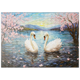 Darstellung des Puzzle Motivs Schwäne und Kirschblüten bei Sonnenaufgang - Puzzleteile: 200