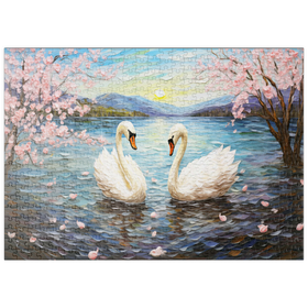 Darstellung des Puzzle Motivs Schwäne und Kirschblüten bei Sonnenaufgang - Puzzleteile: 500