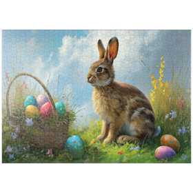 Darstellung des Puzzle-Motivs Osterhase mit bunten Eiern – Puzzleteile: 1000