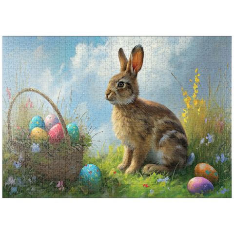 Darstellung des Puzzle Motivs Osterhase mit bunten Eiern puzzleplate Easter Bunny with Colorful Eggs 1000 Puzzle