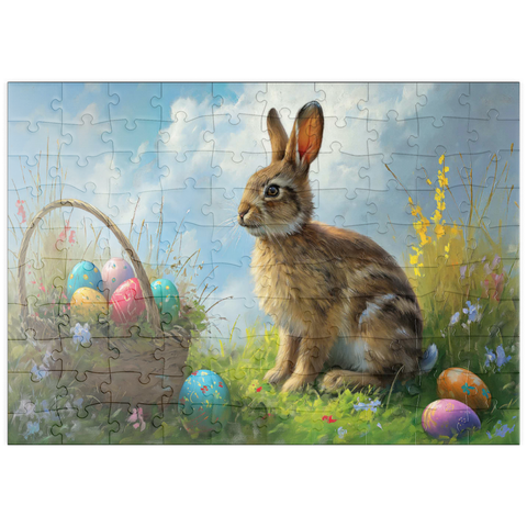 Darstellung des Puzzle Motivs Osterhase mit bunten Eiern puzzleplate Easter Bunny with Colorful Eggs 100 Puzzle