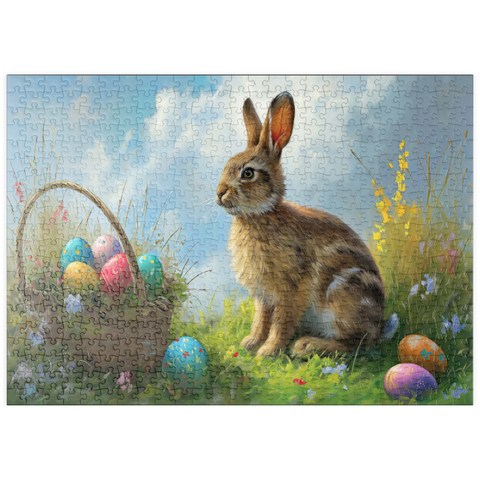 Darstellung des Puzzle Motivs Osterhase mit bunten Eiern puzzleplate Easter Bunny with Colorful Eggs 500 Puzzle