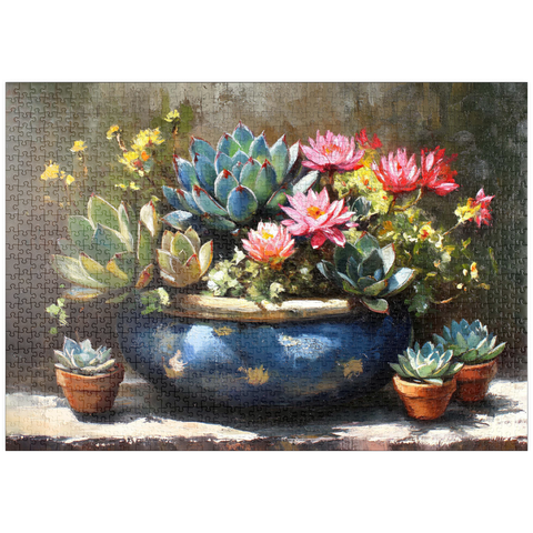 puzzleplate Blooming Succulents in Blue Ceramic Pot 1000 Puzzle