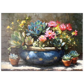 Darstellung des Puzzle Motivs Blühende Sukkulenten in blauem Keramiktopf - Puzzleteile: 100