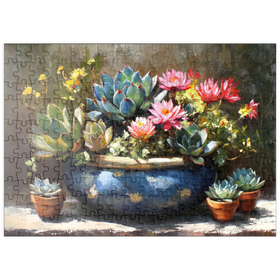 Darstellung des Puzzle Motivs Blühende Sukkulenten in blauem Keramiktopf - Puzzleteile: 200