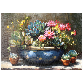 Darstellung des Puzzle-Motivs Blühende Sukkulenten in blauem Keramiktopf – Puzzleteile: 500