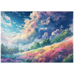 Darstellung des Puzzle Motivs Lebendige Wiese unter Regenbogenwolken - Puzzleteile: 1000