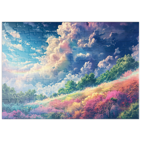 Darstellung des Puzzle Motivs Lebendige Wiese unter Regenbogenwolken - Puzzleteile: 100