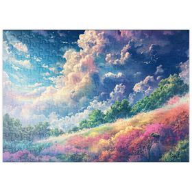Darstellung des Puzzle Motivs Lebendige Wiese unter Regenbogenwolken - Puzzleteile: 200
