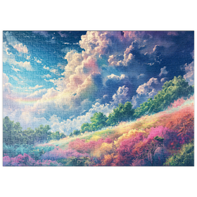 Darstellung des Puzzle Motivs Lebendige Wiese unter Regenbogenwolken - Puzzleteile: 500