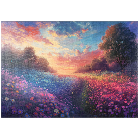 Darstellung des Puzzle-Motivs Sonnenuntergang über leuchtenden Blumenfeldern – Puzzleteile: 1000