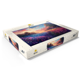 Darstellung des Puzzle Motivs Sonnenuntergang über leuchtenden Blumenfeldern - Puzzleteile: 100