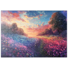 Darstellung des Puzzle Motivs Sonnenuntergang über leuchtenden Blumenfeldern - Puzzleteile: 100