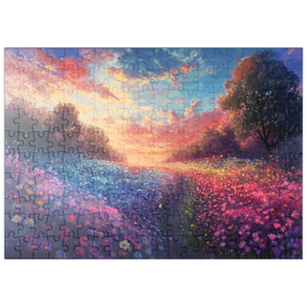Darstellung des Puzzle Motivs Sonnenuntergang über leuchtenden Blumenfeldern - Puzzleteile: 200