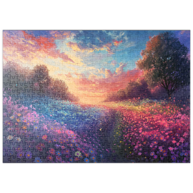 Darstellung des Puzzle Motivs Sonnenuntergang über leuchtenden Blumenfeldern - Puzzleteile: 500