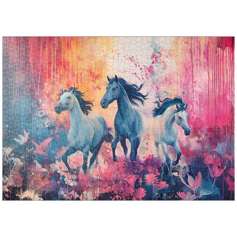 Darstellung des Puzzle Motivs Wilde Pferde in pulsierender Traumlandschaft puzzleplate Wild Horses in Vibrant Dreamscape 1000 Puzzle