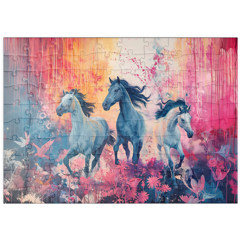 Darstellung des Puzzle Motivs Wilde Pferde in pulsierender Traumlandschaft puzzleplate Wild Horses in Vibrant Dreamscape 100 Puzzle