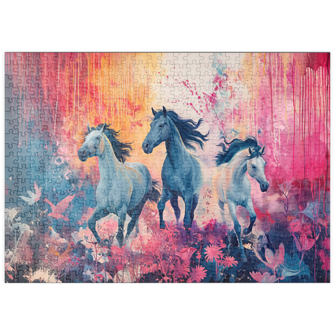 Darstellung des Puzzle Motivs Wilde Pferde in pulsierender Traumlandschaft puzzleplate Wild Horses in Vibrant Dreamscape 500 Puzzle