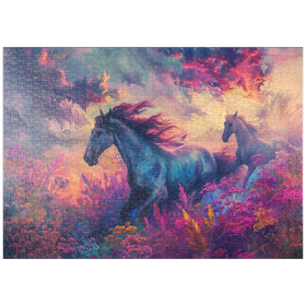 Darstellung des Puzzle-Motivs Majestätische Pferde in lebhafter Fantasielandschaft – Puzzleteile: 1000