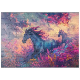 Darstellung des Puzzle Motivs Majestätische Pferde in lebhafter Fantasielandschaft - Puzzleteile: 100
