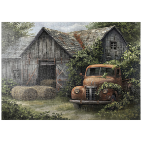 Darstellung des Puzzle Motivs Verwitterte Scheune mit klassischem rostigem Lastwagen - Puzzleteile: 1000