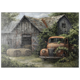 Darstellung des Puzzle Motivs Verwitterte Scheune mit klassischem rostigem Lastwagen - Puzzleteile: 100