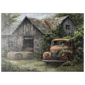 Darstellung des Puzzle Motivs Verwitterte Scheune mit klassischem rostigem Lastwagen - Puzzleteile: 200