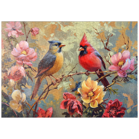 Darstellung des Puzzle-Motivs Kardinal und Singvogel zwischen Blüten – Puzzleteile: 1000