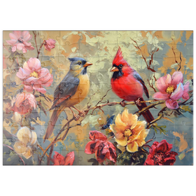 Darstellung des Puzzle Motivs Kardinal und Singvogel zwischen Blüten - Puzzleteile: 100