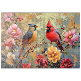 Darstellung des Puzzle Motivs Kardinal und Singvogel zwischen Blüten - Puzzleteile: 200