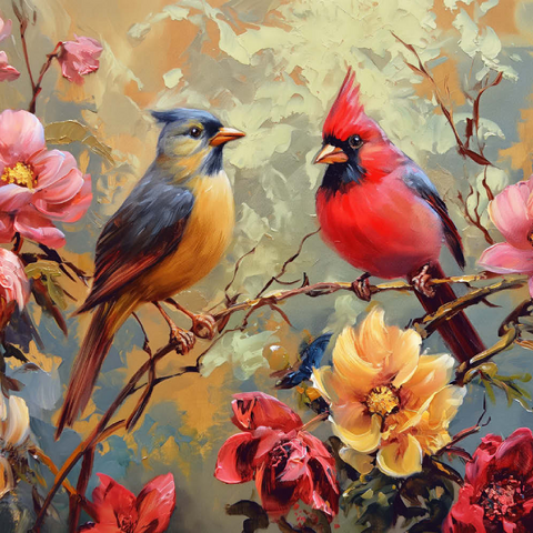 Cardinal and Songbird Among Blossoms 200 Puzzle 3D Modell