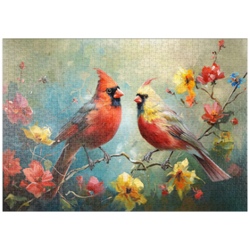 Darstellung des Puzzle-Motivs Nördliche Kardinäle zwischen Frühlingsblüten – Puzzleteile: 1000