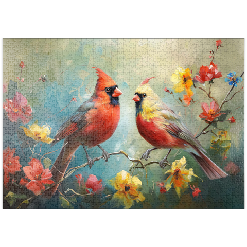 puzzleplate Northern Cardinals Among Spring Blossoms 1000 Puzzle