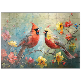 Darstellung des Puzzle Motivs Nördliche Kardinäle zwischen Frühlingsblüten - Puzzleteile: 100
