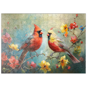 Darstellung des Puzzle Motivs Nördliche Kardinäle zwischen Frühlingsblüten - Puzzleteile: 200