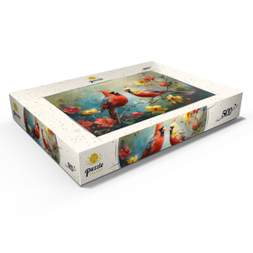 Darstellung des Puzzle Motivs Nördliche Kardinäle zwischen Frühlingsblüten - Puzzleteile: 500