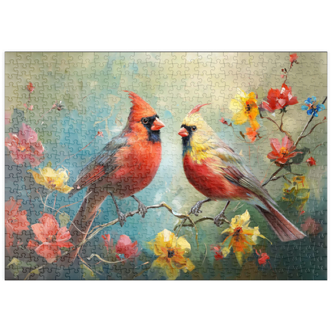 puzzleplate Northern Cardinals Among Spring Blossoms 500 Puzzle