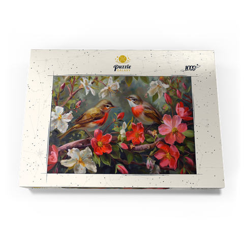 Darstellung des Puzzle Motivs Rotkehlchen inmitten von Frühlingsblüten Red-throated Birds Amid Spring Blossoms 1000 Puzzle Schachtel Ansicht3